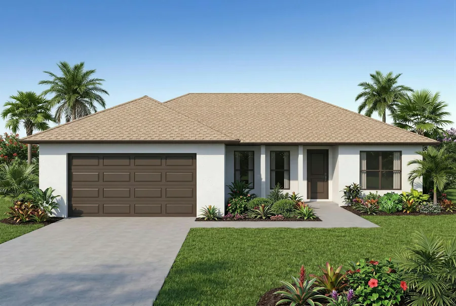 A single-storey house with white stucco walls and a wide garage door